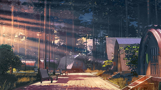 къщи и пейка, заобиколени от дървета, ArseniXC, Вечно лято, слънчева светлина, гора, HD тапет HD wallpaper
