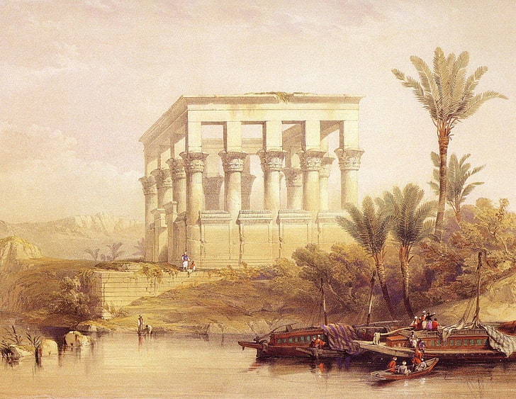 David Roberts, Egipt, malarstwo, łódka, palmy, Tapety HD