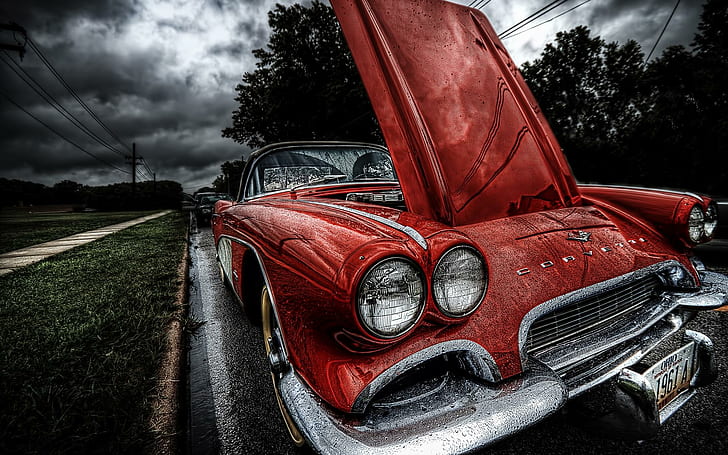 1961 Classic Corvette Hdr, red car painting, hood, classuc, street, rain, cars, HD wallpaper