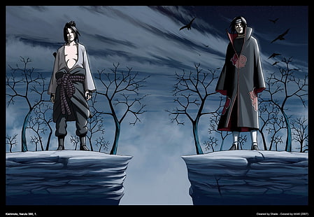 Uchiha Sasuke and Itachi wallpaper, Uchiha Sasuke, Naruto Shippuuden, Uchiha Itachi, Akatsuki, raven, brothers, anime, HD wallpaper HD wallpaper