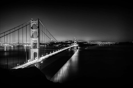 baie, ville de la baie, pont noir, noir et blanc, pont, ville, ville de la baie, lumières, San Francisco, San Francisco, pont blanc, Fond d'écran HD HD wallpaper