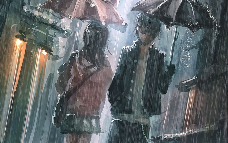 عمل فني ، مطر ، مظلة ، شارع ، فتيان أنيمي ، أنيمي، خلفية HD
