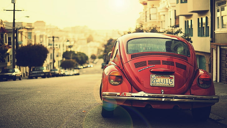 รถเก๋ง Volkswagen Beetle สีแดง, Volkswagen Beetle Type 1 สีแดงจอดอยู่บนถนนคอนกรีตสีเทา, รถยนต์, Volkswagen Beetle, ยานพาหนะ, วอลล์เปเปอร์ HD