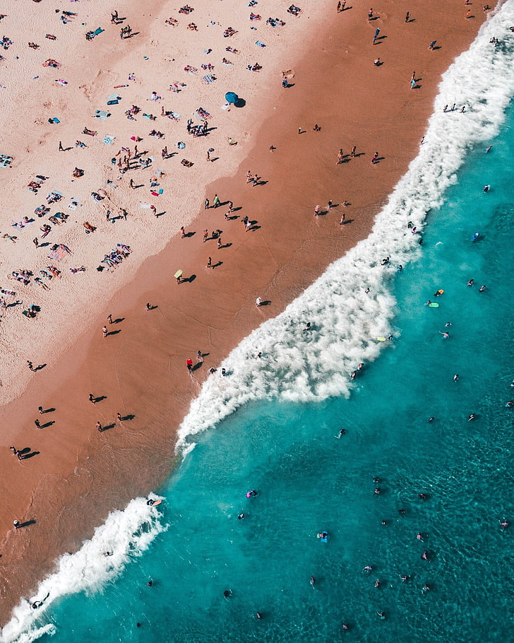 spiaggia, spiaggia, paesaggio, veduta aerea, foto di drone, folla, Sfondo HD, sfondo telefono