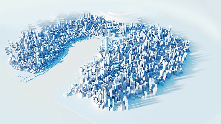 CGI latar belakang sederhana pencakar langit video game kota minimalis Cermin Tepi cityscape 3D Blok 3D bayangan seni digital, Wallpaper HD