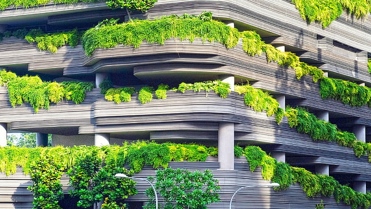 budynek z zielonymi roślinami, abstrakcja, tapeta 8k, 4k, 5k, budynek, drzewa, Tapety HD