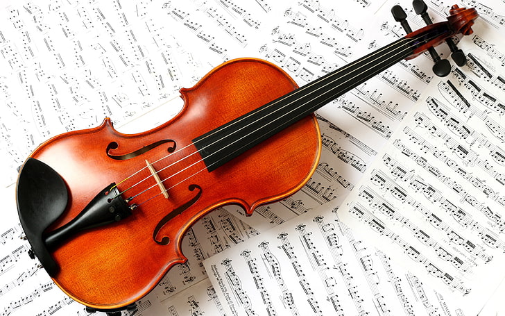 Цигулка и ноти, кафява и черна цигулка, музика, цигулка, ноти, HD тапет