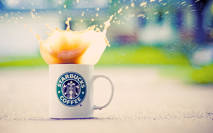 белая керамическая кружка Starbucks, кофе, брызги, HD обои