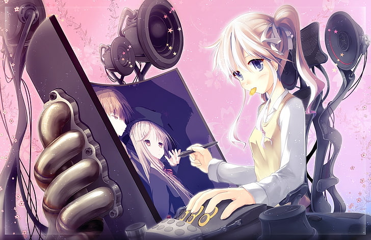 anime girl, artist, designer, high tech pc desk, Anime, HD wallpaper
