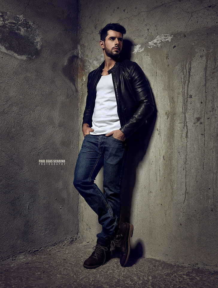 Paul Egas Scarino, pria, 500px, jeans, model, jaket kulit, Wallpaper HD, wallpaper seluler