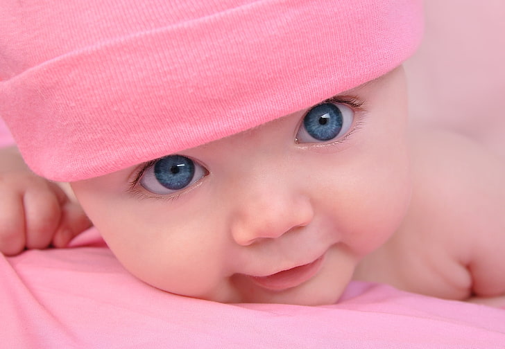 baby's pink cap, baby, blue eyes, face, cute, hat, HD wallpaper