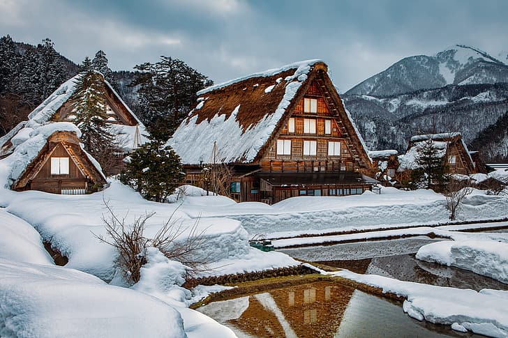 winter, water, snow, trees, landscape, mountains, nature, reflection, people, village, home, Japan, Shirakawa-go, HD wallpaper