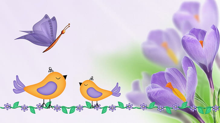 Purple Crocus Birds Butterfly, пролет, firefox персона, птици, минзухар, пеперуда, сладък, лавандула, цветя, 3d и абстрактно, HD тапет