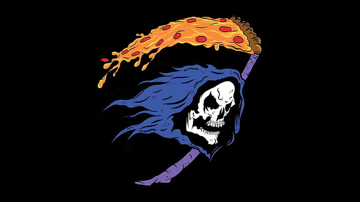 papel pintado digital del cráneo, arte digital, cráneo, fondo negro, minimalismo, Grim Reaper, humor, capuchas, guadaña, pizza, dientes, He-Man, Fondo de pantalla HD