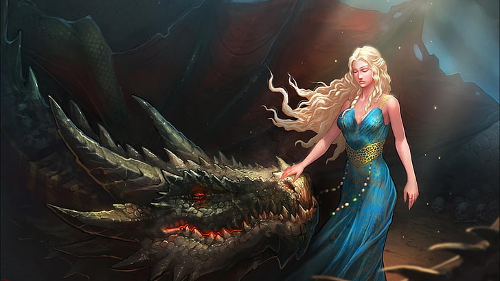 Rubia, vestido azul, ojos cerrados, Daenerys Targaryen, arte digital,  dragón, Fondo de pantalla HD | Wallpaperbetter