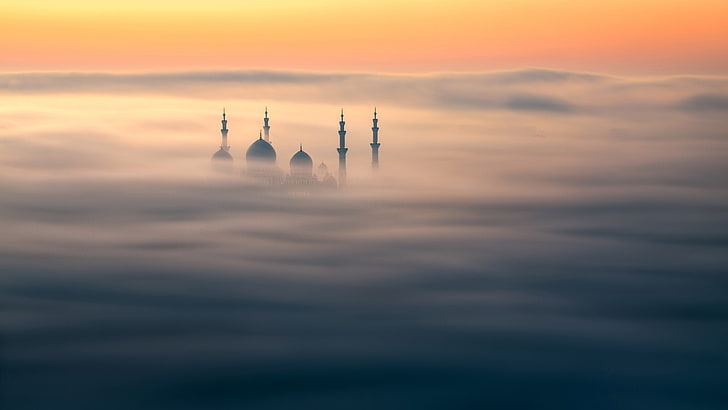 アラブ首長国連邦、日の出、アブダビ、霧、5K、シェイクザイードモスク、 HDデスクトップの壁紙