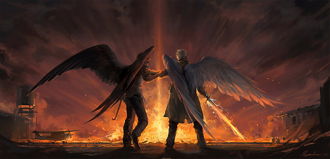 Сериал, добрые приметы, ангел, меч, крылья, HD обои HD wallpaper