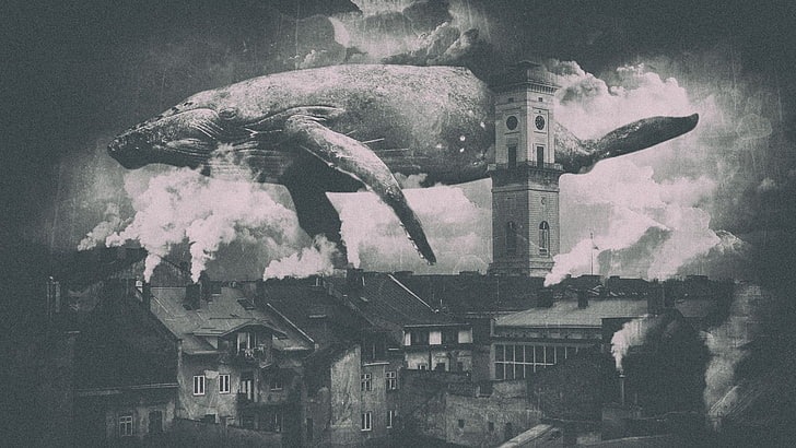 whale city smoke steampunk flying lviv, HD wallpaper