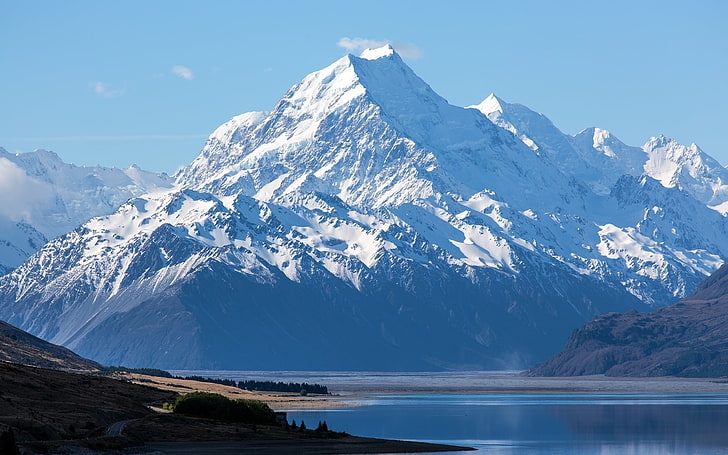 montagna innevata, neve, montagne, Nuova Zelanda, il lago., Monte Cook, Parco Nazionale Aoraki, Sfondo HD
