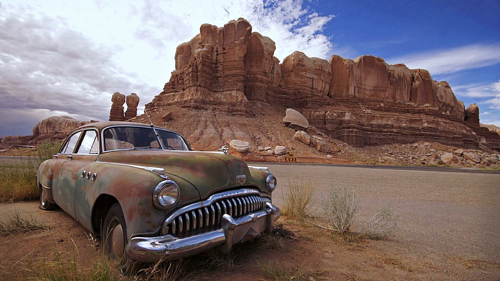 rust, navajo twins, usa, bluff, twin rocks, utah, navajo twin rocks, tree, rusty, car, junkyard, classic car, vintage car, abondoned, plant, landscape, vehicle, HD wallpaper