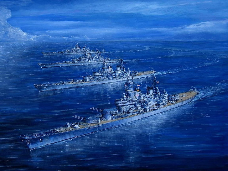 Destroyer, fleet, Iowa, battleships, artwork, military, ship, vehicle, HD wallpaper