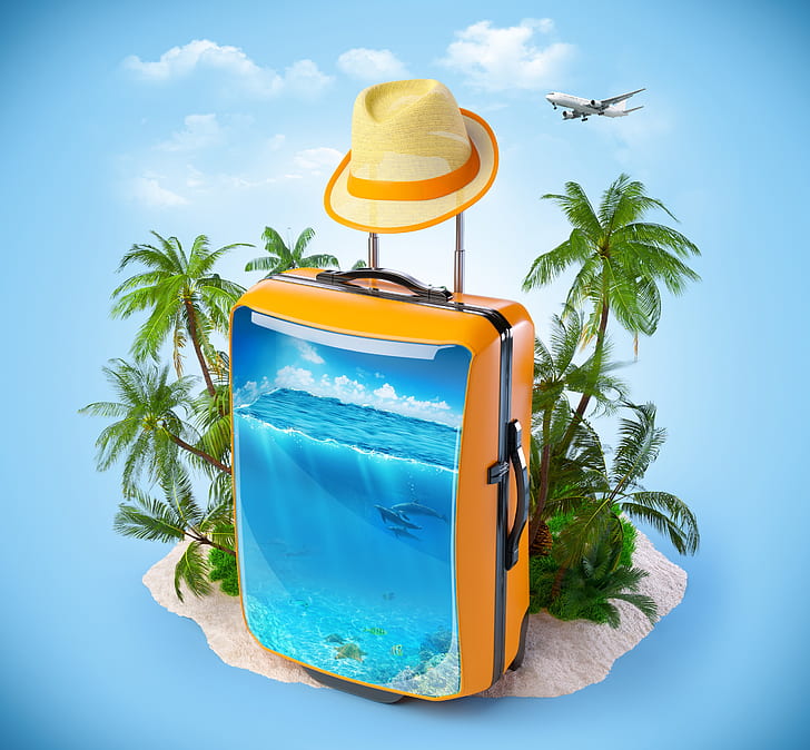sea, the sky, clouds, fish, blue, tropics, the plane, palm trees, background, island, hat, corals, dolphins, suitcase, 3D Graphics, HD wallpaper