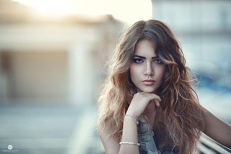 жени, модел, брюнетка, кафяви очи, вълнообразна коса, портрет, Алесандро Ди Чико, HD тапет HD wallpaper