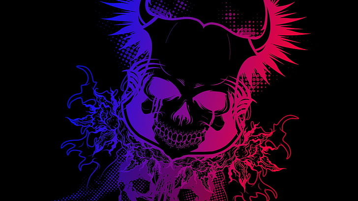 ilustrasi tengkorak, hitam, merah muda, dan biru, tengkorak, penuh warna, gradien, hitam, gelap, Setan, Wallpaper HD