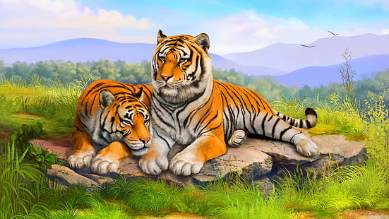 虎、野生動物、絵画、アートワーク、ファンタジー虎、ジャングル、 HDデスクトップの壁紙 HD wallpaper