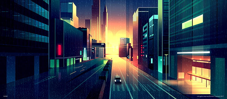 Romain Trystram, drawing, city, rain, car, street, city lights, block of flats, HD wallpaper