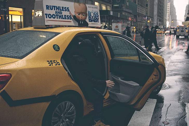 car, city lights, new york city, people, rain, stone pavement, taxi, yellow, zebra, HD wallpaper