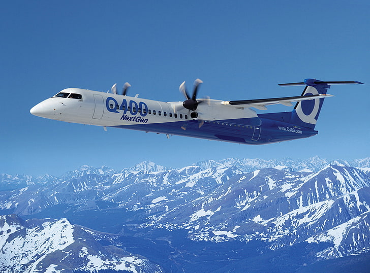 Bombardier Q400, white and blue Next Gen airliner, Aircrafts / Planes, Bombardier, plane, aircraft, HD wallpaper