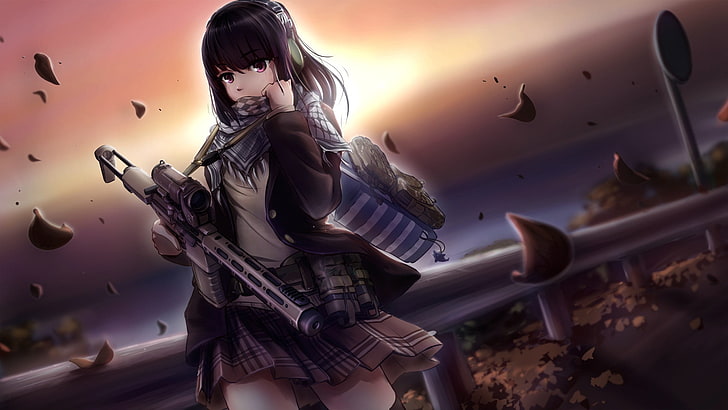 женщина держит пистолет аниме персонаж обои, женщина аниме персонаж держит пистолет, аниме девушки, аниме, шарф, оригинальные персонажи, черные волосы, пистолет, наушники, листья, длинные волосы, розовые глаза, юбка, школьная форма, оружие, автомат, HD обои