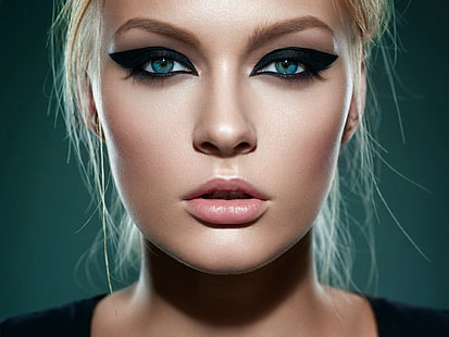 kobiety, blondynka, twarz, portret, eyeliner, niebieskie oczy, Tapety HD HD wallpaper