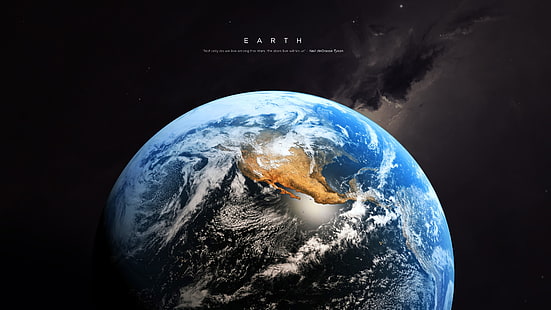 ilustrasi bumi biru dan putih, Bumi, seni ruang angkasa, Neil deGrasse Tyson, kutipan, planet, tipografi, seni digital, Wallpaper HD HD wallpaper