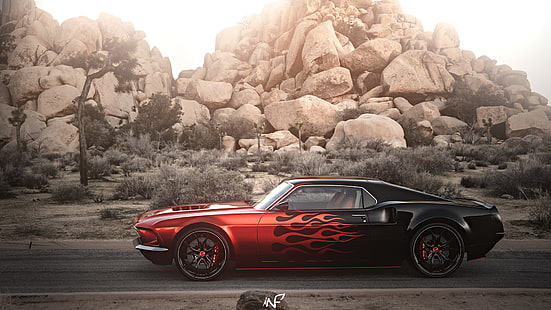 czerwony i czarny model coupe odlewany ciśnieniowo, Nikita Fedyanin, pojazd, Ford Mustang, ulica, skały, render, Tapety HD HD wallpaper