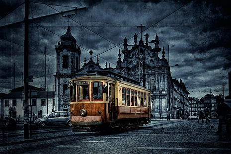 tram, arte digitale, città, HDR, paesaggio urbano, veicolo, Sfondo HD HD wallpaper