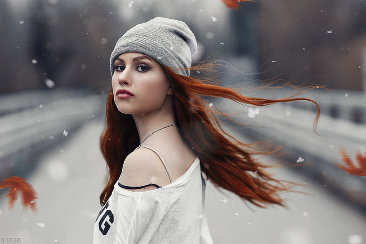 women, redhead, portrait, snow, bare shoulders, Alessandro Di Cicco, Valentina Galassi, HD wallpaper