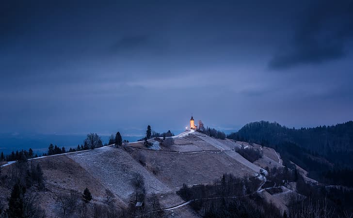 night, mountain, temple, HD wallpaper