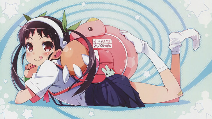 Personnage anime féminin aux cheveux noirs en haut blanc et jupe bleue, série Monogatari, Hachikuji Mayoi, anime girls, loli, Fond d'écran HD
