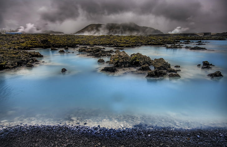photography of Islands and body of water, Blue Lagoon, Islands, body of water, iceland, icelandic, hdr, geothermal, steam, earth, rift, earthquake, Moulin Rouge, First, Quality, bath, hardcore, black, fresh, raw, pool, wild, rocks, blues, clouds, haunted, zombies, scary, scare, horror, Photographer, Pro, Nikon, Photography, Panorama, details, Perspective, magical, superb, wonderful, nature, volcano, landscape, scenics, volcanic Landscape, HD wallpaper
