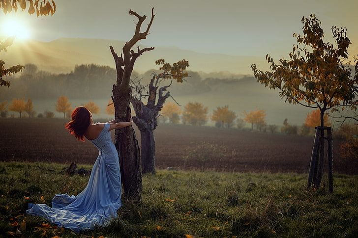 autumn, girl, the sun, trees, sunrise, Miss Froggi, lovely colors, HD wallpaper
