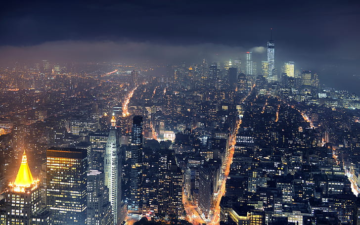 Ciudad, nueva york, metrópoli, rascacielos, luces nocturnas, ciudad, nueva york, metrópoli, rascacielos, noche, luces, Fondo de pantalla HD
