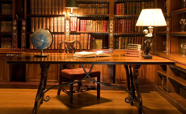 Antikt biblioteksdisk, rektangulärt brunt träbord, tappning, skrivbord, bibliotek, antik, HD tapet