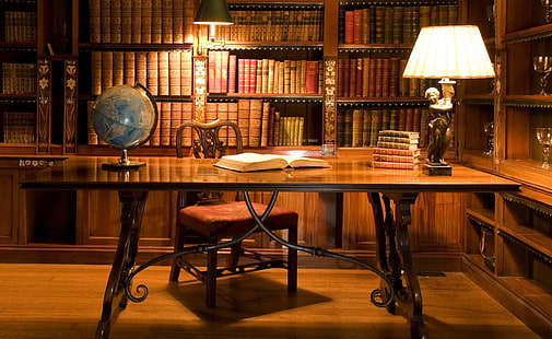 Escritorio antiguo de la biblioteca, mesa rectangular de madera marrón, vintage, escritorio, biblioteca, antiguo, Fondo de pantalla HD HD wallpaper