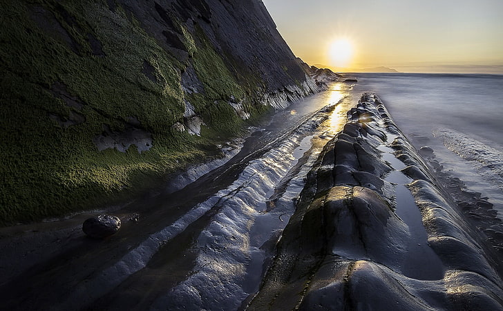 falaise de roche grise, côte, lumière du soleil, mer, nature, 500px, Iurgi Inda, Fond d'écran HD