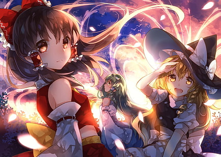 anime, Touhou, Hakurei Reimu, Kirisame Marisa, Kochiya Sanae, red ribbon, miko, HD wallpaper HD wallpaper