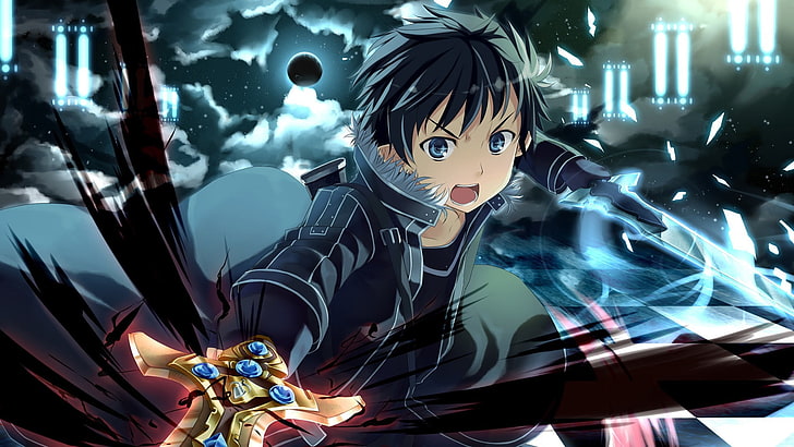 schwarzhaarige männliche Anime-Figur mit Schwert als digitales Hintergrundbild, Sword Art Online, Kirigaya Kazuto, Anime-Jungs, Alfheim Online, Excalibur, HD-Hintergrundbild