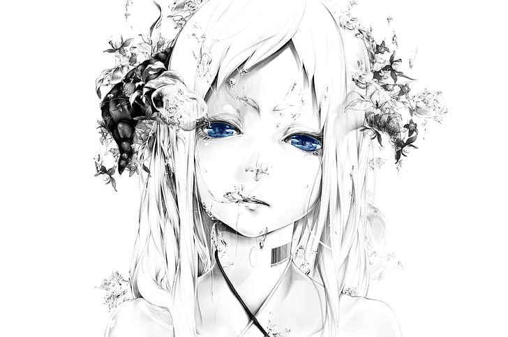 ilustração feminina de cabelos brancos, arte, bouno satoshi, menina, rosto, fundo branco, gráfico, monocromático, olhos azuis, água, bolhas, código de barras, HD papel de parede