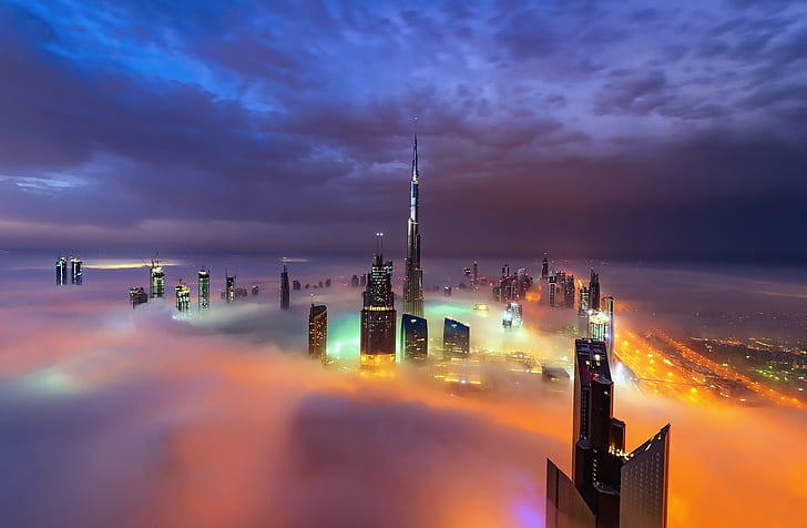 Cities, Dubai, Building, City, Cloud, Fog, Horizon, Light, Night, Skyscraper, United Arab Emirates, HD wallpaper